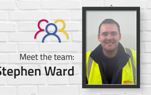 Photo of man in high vis jacket smiling at camera in black frame against white brick background. Text alongside image reads 'Meet the team: Stephen Ward, Site Manager'